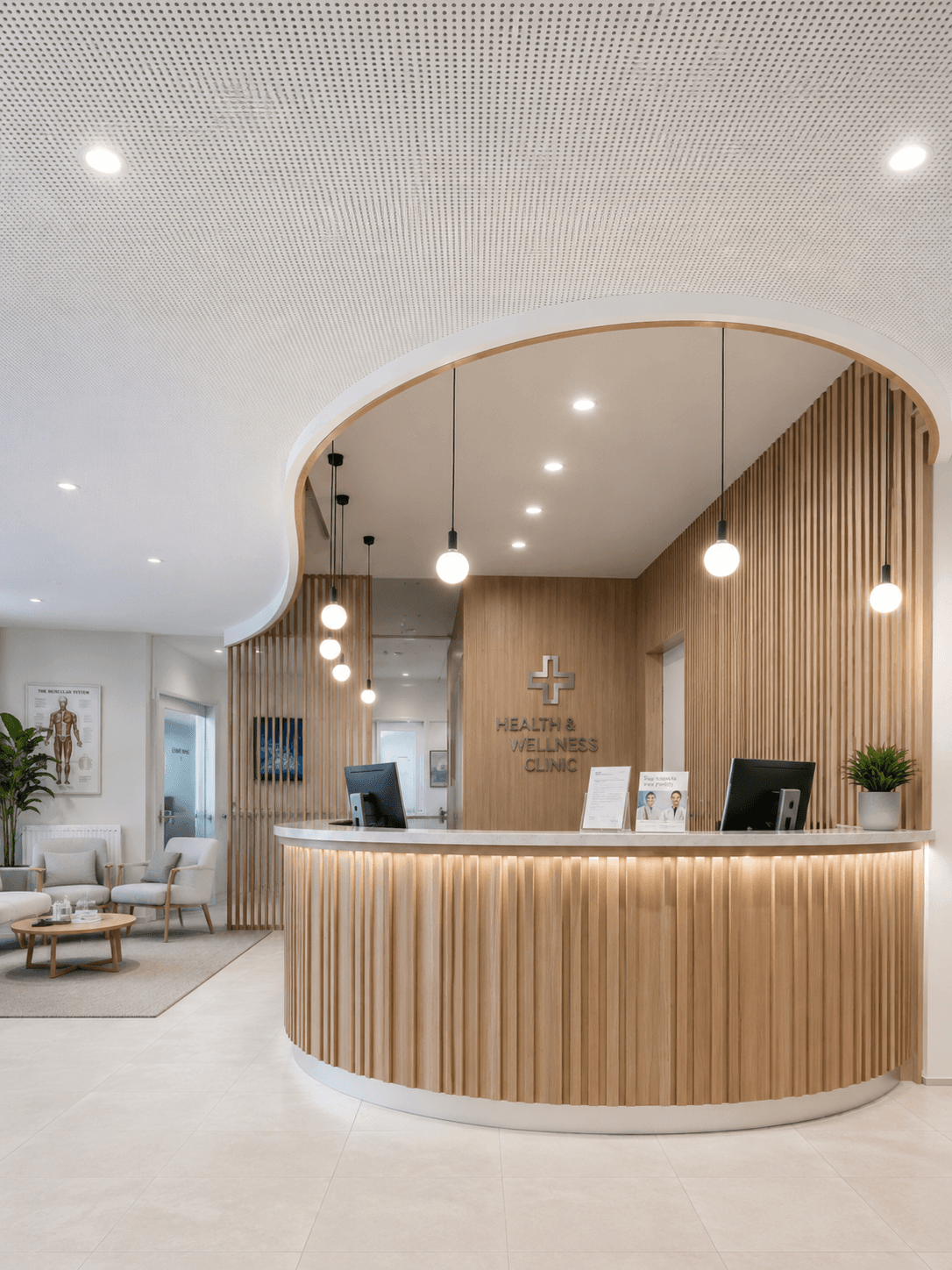 Modern clinic reception with warm wood desk and pendant lighting